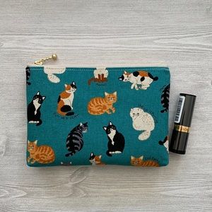 Small Zipper Pouch- Cat Print Teal Green Fabric
